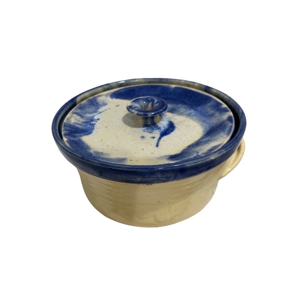 Handmade Ceramic Blue & Cream Stoneware Casserole Dish With Lid 8" Diameter - Picture 9 of 10